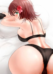 Rule 34 | 1girl, absurdres, all fours, amami haruka, anus, anus peek, aqua eyes, ass, back, backboob, bed sheet, black bra, black panties, blush, bra, breasts, breath, brown hair, cl (summer sama), closed mouth, commentary, commission, cowboy shot, english commentary, from behind, hair between eyes, hair ribbon, heavy breathing, highres, holding, idolmaster, idolmaster (classic), lace, lace-trimmed bra, lace-trimmed panties, lace trim, large breasts, looking at viewer, looking back, panties, partially visible anus, pillow, pink ribbon, pixiv commission, ribbon, short hair, simple background, solo, underwear, underwear only, white background