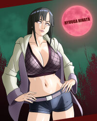 Rule 34 | 1girl, absurdres, black hair, bra, breasts, cleavage cutout, clothing cutout, female focus, highres, hyuuga hinata, jacket, large breasts, long hair, looking at viewer, moon, naruto: road to ninja, naruto (series), no pupils, official alternate costume, red moon, shorts, smile, solo, underwear, white eyes