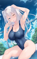 Rule 34 | 1girl, aotsu karin, arm up, armpits, artist name, blue eyes, blue one-piece swimsuit, blush, breasts, chain-link fence, collarbone, commentary request, competition swimsuit, covered navel, day, fence, hair tie, hair tie in mouth, hand up, heterochromia, highleg, highleg swimsuit, highres, large breasts, long hair, looking at viewer, mole, mole on breast, mouth hold, one-piece swimsuit, original, outdoors, pool, poolside, sitting, smile, soaking feet, solo, swimsuit, twitter username, two side up, tying hair, water, wet, white hair, yellow eyes