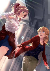 Rule 34 | 10s, 2girls, :d, absurdres, alternate costume, alternate hairstyle, aqua eyes, blonde hair, blouse, blue eyes, blue shirt, blue skirt, braid, breasts, casual, ceiling, cleavage, closed mouth, clothes around waist, collarbone, column, couple, darjeeling (girls und panzer), dress shirt, dutch angle, female focus, french braid, from below, girls und panzer, highres, holding another&#039;s wrist, jacket, jacket around waist, kay (girls und panzer), khakis, large breasts, lens flare, long hair, long sleeves, looking at another, looking back, medium breasts, miniskirt, multiple girls, neck, open mouth, pants, pillar, ponytail, red jacket, scrunchie, shijie jianfa, shirt, skirt, smile, sunlight, walking, white shirt, yuri