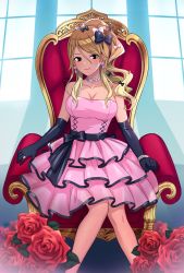 Rule 34 | 1girl, 23nanato, bare legs, bare shoulders, black eyes, blonde hair, blush, bow, bracelet, breasts, brown hair, cleavage, cocktail dress, collarbone, curly hair, dress, earrings, elbow gloves, flower, gem, gloves, gradient hair, gyaru, hair bow, heart, heart earrings, highres, idolmaster, idolmaster shiny colors, izumi mei, jewelry, large breasts, layered dress, lipstick, long hair, looking at viewer, makeup, multicolored hair, necklace, pearl (gemstone), pearl bracelet, pearl necklace, pink dress, ponytail, ring, rose, sash, sitting, smile, solo, tan, throne