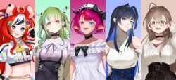 Rule 34 | 5girls, ahoge, animal ears, antlers, bare shoulders, beret, black bow, black choker, black gloves, black hair, black skirt, blue eyes, blue hair, bow, breasts, brown hair, ceres fauna, ceres fauna (jirai kei), choker, closed mouth, colored inner hair, column lineup, crop top, cropped jacket, dress, ear piercing, earrings, food-themed earrings, frills, glasses, gloves, green hair, grey shirt, grey sweater, hair between eyes, hair intakes, hair ornament, hairclip, hakos baelz, hakos baelz (casual), hat, heart, heterochromia, holocouncil, hololive, hololive english, horns, irys (casualrys) (hololive), irys (hololive), jacket, jewelry, lace, lace choker, large breasts, looking at viewer, medium breasts, mouse ears, mouse girl, mr. squeaks (hakos baelz), multicolored hair, multiple girls, nanashi mumei, nanashi mumei (casual), navel, neck ribbon, necklace, ogye 01, open mouth, ouro kronii, ouro kronii (casual), piercing, plaid, plaid skirt, pointy ears, purple ribbon, purple shirt, red eyes, red hair, ribbon, sharp teeth, shirt, skirt, sleeveless, sleeveless shirt, smile, streaked hair, sweater, teeth, triangle hair ornament, twintails, virtual youtuber, white dress, white hair, white headwear, white jacket, yellow eyes