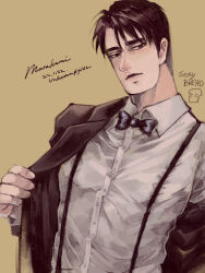 Rule 34 | 1boy, artist name, black bow, black bowtie, black eyes, black hair, black jacket, bow, bowtie, brown background, buttons, character name, collared shirt, commentary, dated, dressing, expressionless, half-closed eyes, highres, jacket, kaiji, long sleeves, looking at viewer, male focus, medium bangs, murakami tamotsu, open mouth, shirt, short hair, solo, suspenders, symbol-only commentary, unknown03162, upper body, white shirt