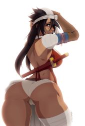 Rule 34 | 1girl, amputee, ass, ass focus, bandages, bleach, breasts, cleft of venus, highres, huge ass, large breasts, panties, partially visible vulva, prosthesis, prosthetic arm, shiba kuukaku, sideboob, simple background, solo, tovio rogers, underwear, wedgie