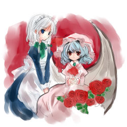 Rule 34 | 2girls, apron, ascot, bat wings, blue dress, blue eyes, blue hair, bow, braid, child, dress, female focus, flower, frilled shirt collar, frilled sleeves, frills, green bow, hat, izayoi sakuya, long sleeves, maid, maid apron, maid headdress, mob cap, multiple girls, own hands together, pink dress, pink hat, red ascot, red bow, red eyes, red flower, red ribbon, red rose, remilia scarlet, ribbon, rose, sash, shirt bow, short hair, smile, torii sumi, touhou, twin braids, unfinished, white hair, wings