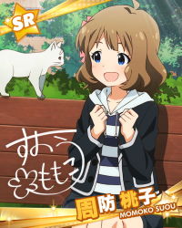 Rule 34 | 10s, 1girl, ahoge, artist request, blue eyes, brown hair, card (medium), cat, character name, character signature, female focus, flower, hair flower, hair ornament, idolmaster, idolmaster million live!, official art, short hair, shorts, signature, smile, solo, suou momoko, white cat