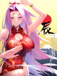 Rule 34 | 1girl, bare shoulders, breasts, china dress, chinese clothes, cleavage, cleavage cutout, clothing cutout, dragon print, dress, fate/stay night, fate (series), forehead, gold trim, hair ornament, highres, large breasts, long hair, looking at viewer, medusa (fate), medusa (rider) (fate), minami koyogi, parted bangs, ponytail, purple eyes, purple hair, red dress, sidelocks, solo, translation request, very long hair