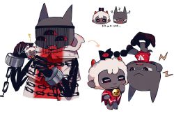 Rule 34 | 1boy, 1other, animal ears, animate object, black cat, black fur, blood, cape, cat, cat ears, cat tail, chain, crown, cult of the lamb, embarrassed, extra eyes, furry, furry male, horns, migishita, narinder (cult of the lamb), open mouth, red cape, red crown (cult of the lamb), red eyes, sheep, sheep ears, sheep horns, simple background, smile, tail, the lamb (cult of the lamb), wool