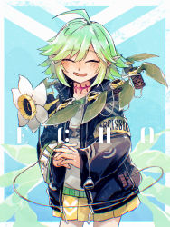 Rule 34 | 1girl, ahoge, black jacket, blush, character name, contrapposto, echo (housamo), facing viewer, feet out of frame, flower, green hair, highres, interlocked fingers, jacket, jinnai10, open clothes, open jacket, own hands together, short hair, skirt, smile, solo, tokyo houkago summoners, yellow skirt