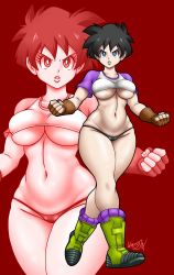 Rule 34 | 1girl, black hair, blue eyes, breasts, curvy, dragon ball, dragonball z, fingerless gloves, gloves, highres, large breasts, legs, midriff, navel, shirt, short hair, solo, thick thighs, thighs, thong, toned, underboob, videl, vlaimk, wide hips