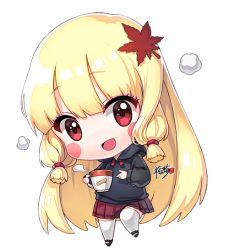 Rule 34 | 1girl, :d, autumn leaves, black footwear, black hoodie, blonde hair, blush stickers, chibi, commentary request, commission, cup, drawstring, full body, hair ornament, holding, holding cup, hood, hood down, hoodie, kyjsogom, leaf, leaf hair ornament, long hair, long sleeves, maple leaf, open mouth, original, pleated skirt, red eyes, red skirt, sidelocks, simple background, skirt, smile, solo, standing, standing on one leg, steam, thighhighs, very long hair, white background, white thighhighs
