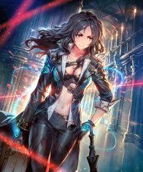 Rule 34 | 1girl, artist request, belt, black hair, briefcase, brown eyes, cygames, dei secret agent, gloves, hand on own hip, indoors, jacket, laser, leather, leather gloves, leather jacket, leather pants, light trail, long hair, looking to the side, navel, official art, pants, shadowverse, sleeves rolled up, solo, umbrella, unbuttoned