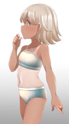 Rule 34 | 1girl, bare arms, bare shoulders, blue eyes, bra, brown hair, closed mouth, comah, criss-cross halter, gradient background, grey background, grey bra, grey panties, halterneck, hand up, highres, looking away, navel, one-piece swimsuit, original, panties, profile, solo, swimsuit, underwear, underwear only, white background