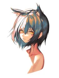 Rule 34 | 1girl, alternate hair length, alternate hairstyle, animal ears, arknights, black hair, closed mouth, collarbone, commentary, ear piercing, english commentary, extra ears, highres, looking at viewer, piercing, portrait, short hair, simple background, smile, solo, texas (arknights), veilrain, white background, wolf ears