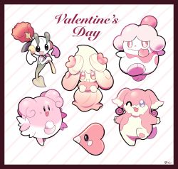 Rule 34 | :d, alcremie, alcremie (love sweet), artsy-rc, audino, blissey, commentary, creatures (company), english commentary, floette, floette (red flower), flower, game freak, gen 2 pokemon, gen 3 pokemon, gen 5 pokemon, gen 6 pokemon, gen 8 pokemon, highres, holding, holding flower, looking at viewer, luvdisc, nintendo, open mouth, pink theme, pokemon, pokemon (creature), slurpuff, smile, striped, striped background, trait connection, valentine