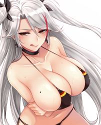 Rule 34 | 1girl, :q, azur lane, bare shoulders, bikini, black bikini, black neckwear, blush, breast hold, breasts, breasts squeezed together, brown eyes, choker, circussion, cocq taichou, collarbone, commentary request, cross, cross earrings, crossed arms, earrings, flag print, german flag bikini, grey hair, hair between eyes, iron cross, jewelry, large breasts, licking lips, long hair, looking at viewer, mole, mole on breast, multicolored hair, naughty face, prinz eugen (azur lane), prinz eugen (unfading smile) (azur lane), simple background, solo, streaked hair, sweat, swimsuit, tongue, tongue out, two side up, upper body, very long hair, white background