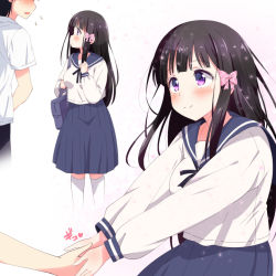 Rule 34 | 1boy, 1girl, bag, black hair, black ribbon, blue sailor collar, blue skirt, blush, bow, commentary request, flying sweatdrops, hair bow, hand grab, hand up, heart, long sleeves, looking at another, looking up, medium skirt, mikan-ya, multiple views, neck ribbon, original, out of frame, pink bow, purple eyes, ribbon, sailor collar, school bag, school uniform, serafuku, shirt, shoulder bag, skirt, smile, v arms, white legwear, white shirt