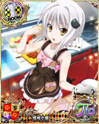 Rule 34 | 1girl, apron, barefoot, bow, bra, card (medium), cat hair ornament, character name, chess piece, chocolate, cooking, food, fruit, hair ornament, high school dxd, high school dxd pi, looking at viewer, official art, open mouth, pink bow, pink bra, rook (chess), short hair, silver hair, solo, standing, standing on one leg, toujou koneko, trading card, underwear, yellow eyes