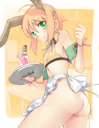 Rule 34 | 1girl, animal ears, apron, ass, bottomless, bowtie, file17, flat chest, green bow, green bowtie, naked apron, no panties, rabbit ears, solo, u (the unko), waitress