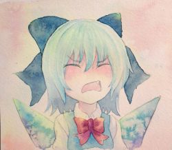 Rule 34 | 1girl, blue eyes, blue hair, bow, cirno, closed eyes, fang, hair bow, ice, ice wings, matching hair/eyes, open mouth, painting (medium), solo, touhou, traditional media, watercolor (medium), wings, yuyu (00365676)