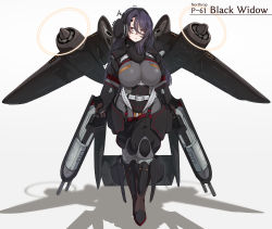 Rule 34 | 1girl, absurdres, aircraft, airplane, black bodysuit, black hair, bodysuit, breasts, character name, full body, headgear, highres, konoshige (ryuun), large breasts, long hair, machinery, mecha musume, military, military vehicle, original, p-61 black widow, personification, pilot suit, propeller, red eyes, solo, standing
