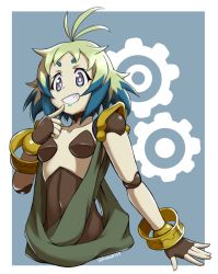 Rule 34 | 10s, 1girl, ahoge, artist name, blue hair, breasts, doll joints, fingerless gloves, gears, gloves, green hair, grin, highres, joints, kumo (kumo8159), multicolored hair, nude, open mouth, purple eyes, senki zesshou symphogear, small breasts, smile, solo, tiki (symphogear), twitter username, two-tone hair, upper body