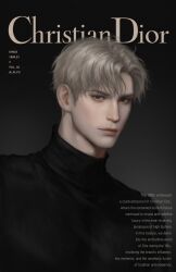 Rule 34 | 1boy, black background, black eyes, black sweater, closed mouth, cover, english text, fake magazine cover, gradient background, grey hair, highres, ilay riegrow, looking at viewer, magazine cover, male focus, numbered, passion (manhwa), plyu, realistic, solo, sweater, turtleneck, turtleneck sweater, twitter username