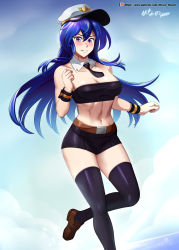 Rule 34 | 1girl, absurdres, artist name, bare shoulders, belt, belt buckle, blue hair, blush, breasts, buckle, cleavage, collarbone, detached collar, feet out of frame, hair between eyes, hat, highres, long hair, long sleeves, looking at viewer, medium breasts, midriff, miniskirt, navel, necktie, open mouth, original, patreon username, purple eyes, shoes, skirt, sleeveless, solo, stomach, strapless, thighhighs, tube top, vilde loh hocen, watermark, web address, wrist cuffs