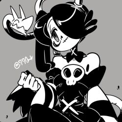 Rule 34 | 770mk, detached collar, detached sleeves, greyscale, hair over one eye, half-closed eyes, leviathan (skullgirls), monochrome, skullgirls, smile, squigly (skullgirls), stitched mouth, stitches, upper body