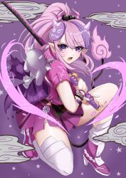 Rule 34 | 1girl, blush, cropped jacket, demon girl, demon horns, demon tail, earrings, high heels, highres, holding, holding sword, holding weapon, horns, ironmouse, ironmouse (yokai hunter), jacket, japanese clothes, jewelry, kimono, long hair, looking at viewer, mask, mask on head, momomomooo13, multicolored hair, open mouth, pink footwear, pink hair, pink jacket, pointy ears, ponytail, purple eyes, purple hair, purple kimono, purple skirt, skirt, streaked hair, sword, tail, virtual youtuber, vshojo, weapon