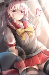 Rule 34 | 1girl, arm behind back, backlighting, black thighhighs, blush, bow, cellphone, closed mouth, commentary request, hair between eyes, highres, holding, holding phone, inui sajuna, long hair, mctom, panties, phone, pink hair, pleated skirt, red eyes, red sailor collar, red skirt, sailor collar, school uniform, scowl, serafuku, shirt, skirt, solo, sono bisque doll wa koi wo suru, striped clothes, striped panties, striped thighhighs, sweater vest, thighhighs, thighs, two side up, underwear, v-shaped eyebrows, wavy hair, white shirt, yellow bow