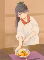 Rule 34 | 1girl, apron, black hair, blue eyes, blush, bowl, chopsticks, closed mouth, colis, commentary request, food, houshou (kancolle), indoors, japanese clothes, kantai collection, kappougi, long hair, looking at viewer, ponytail, smile, solo