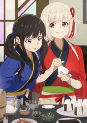 Rule 34 | 2girls, :o, asada7101, black hair, blonde hair, blue kimono, blush, bob cut, closed mouth, commentary request, cooking, food, hair ribbon, highres, indoors, inoue takina, japanese clothes, kimono, long hair, lycoris recoil, multiple girls, nishikigi chisato, obi, official alternate costume, official alternate hairstyle, one side up, onigiri, purple eyes, red eyes, red kimono, red ribbon, ribbon, rice, sash, short hair, short sleeves, smile, tasuki, twintails