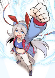 Rule 34 | 1girl, :d, animal ears, belt, blue eyes, blue footwear, blue jacket, blue shirt, choujiroo, electricity, fang, fingernails, from above, full body, full moon, gloves, grey hair, headband, highres, horse ears, horse girl, horse tail, jacket, long hair, long sleeves, looking at viewer, midriff, moon, navel, open clothes, open jacket, open mouth, outstretched arm, pants, shirt, shoes, smile, sneakers, solo, standing, tail, tamamo cross (umamusume), umamusume, v-shaped eyebrows, white background, white gloves, white pants