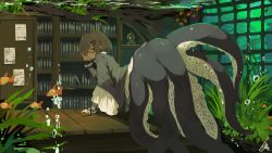 Rule 34 | 1girl, bob cut, bookshelf, brown hair, bubble, dress, fish, frilled sleeves, frills, from behind, full body, glasses, hair ornament, hairpin, highres, indoors, lansane, long sleeves, looking at viewer, looking back, monster girl, original, plant, scylla, short hair, signature, solo, suction cups, tentacles, underwater, wide sleeves