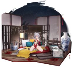 Rule 34 | 1girl, absurdres, ahoge, animal ears, bare shoulders, bed, black eyes, braid, breasts, bridal gauntlets, china dress, chinese clothes, dress, grey hair, grin, hair ribbon, hair rings, hand on own stomach, highres, lantern, long hair, looking at viewer, naughty face, navel, no bra, no panties, no shoes, on bed, original, pelvic curtain, pillow, red dress, revealing clothes, ribbon, scroll, sideless outfit, sitting, sleeveless, sleeveless dress, small breasts, smile, solo, stomach, tail, taitai, thighhighs, thighs, tiger ears, tiger girl, tiger tail, transparent background, vase, wariza, white thighhighs