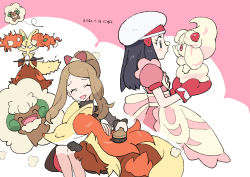 Rule 34 | 2girls, alcremie, alcremie (strawberry sweet), animal ear fluff, apron, black hair, blush stickers, brown hair, brushing, closed eyes, commentary request, creatures (company), dated, dawn (palentine&#039;s 2021) (pokemon), dawn (pokemon), delphox, dress, eyelashes, food, food on face, game freak, gen 5 pokemon, gen 6 pokemon, gen 8 pokemon, hair brush, hair ornament, hat, holding, holding pokemon, long hair, mittens, multiple girls, nibo (att 130), nintendo, official alternate costume, open mouth, oven mitts, pink dress, pokemon, pokemon (creature), pokemon masters ex, serena (palentine&#039;s 2021) (pokemon), serena (pokemon), smile, tongue, whimsicott, white headwear
