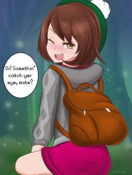 Rule 34 | 1girl, ;d, bag, blush, brown eyes, brown hair, creatures (company), english text, from behind, game freak, gloria (pokemon), highres, long sleeves, looking at viewer, looking back, nintendo, one eye closed, open mouth, pokemon, pokemon swsh, signature, sitting, skirt, smile, solo, speech bubble, teeth, translation request, upper teeth only, wink, zionworldartist