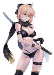 Rule 34 | 1girl, absurdres, ahoge, bare shoulders, bikini, black bikini, black bow, black scarf, black thighhighs, blonde hair, blush, bow, breasts, cleavage, closed mouth, contrapposto, fate/grand order, fate (series), feet out of frame, gloves, green eyes, groin, hair bow, highres, katana, looking at viewer, medium breasts, multi-strapped bikini, navel, okita j. souji (fate), okita j. souji (first ascension) (fate), okita souji (fate), okita souji (koha-ace), scarf, short hair, sidelocks, single glove, skindentation, smile, solo, standing, stomach, sweatband, swimsuit, sword, thigh strap, thighhighs, wa (genryusui), weapon, weapon on back
