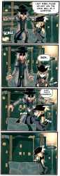 Rule 34 | 1boy, 1girl, 4koma, blonde hair, bloodborne, bow, coat, comic, commentary, english text, gehrman the first hunter, grey hair, hair bow, hat, highres, lady maria of the astral clocktower, long hair, ponytail, pushing, scarf, setz, the old hunters, tricorne, well