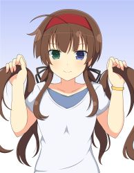 Rule 34 | 10s, 1girl, ahoge, black ribbon, blue eyes, blush, bracelet, breasts, brown hair, closed mouth, collarbone, green eyes, hair ribbon, hairband, heterochromia, highres, ichiryuu tsumiki, jewelry, long hair, looking at viewer, red hairband, ribbon, ryoubi (senran kagura), senran kagura, senran kagura shinovi versus, shirt, small breasts, smile, solo, t-shirt, twintails, upper body, white shirt