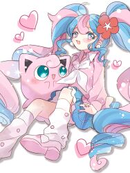 Rule 34 | 1girl, blue skirt, cardigan, creatures (company), earrings, fairy miku (project voltage), flower, game freak, gen 1 pokemon, hair flower, hair ornament, hatsune miku, heart, highres, jewelry, jigglypuff, knho, leg warmers, long hair, looking at viewer, multicolored hair, nail polish, nintendo, pink cardigan, pink footwear, pokemon, pokemon (creature), project voltage, skirt, twintails, two-tone hair, very long hair, vocaloid