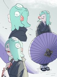 Rule 34 | 1girl, absurdres, alternate costume, black footwear, black kimono, blue hair, closed eyes, closed mouth, commentary request, earrings, hair over one eye, highres, holding, holding umbrella, japanese clothes, jewelry, jounetsu (jonetunoaoitako), kimono, medium hair, multiple earrings, multiple views, nintendo, notice lines, octoling, one eye covered, recycled brella 24 (splatoon), red eyes, sandals, shiver (splatoon), short eyebrows, socks, splatoon (series), splatoon 3, standing, suction cups, tabi, tentacle hair, tooth earrings, umbrella, white socks, zouri