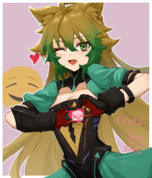 Rule 34 | 1girl, ;d, atalanta (fate), ayami (user gywv2483), black gloves, blonde hair, blush, border, breasts, cleavage cutout, clothing cutout, dress, fang, fate/grand order, fate (series), gloves, gradient hair, green dress, green eyes, green hair, hair between eyes, heart, heart hands, highres, light blush, looking at viewer, medium breasts, multicolored hair, one eye closed, open mouth, pink background, red gloves, simple background, skin fang, smile, solo, two-tone gloves, white border