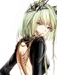 Rule 34 | 1girl, ambience synesthesia, animal ears, arknights, back, cat ears, cheddar n, commentary request, from behind, green eyes, green hair, kal&#039;tsit (arknights), looking at viewer, looking back, medium hair, official alternate costume, parted lips, simple background, solo, white background