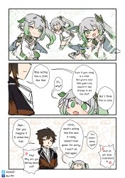 Rule 34 | 1boy, 1girl, 3koma, ;d, absurdres, black hair, comic, commentary, detached sleeves, english commentary, english text, genshin impact, gradient hair, green eyes, grey hair, hair between eyes, hair ornament, highres, long hair, long sleeves, multicolored hair, nahida (genshin impact), necktie, one eye closed, open mouth, pointy ears, sesield, short sleeves, side ponytail, sidelocks, sketch, smile, zhongli (genshin impact)