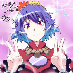 Rule 34 | 1girl, dated, double v, h-new, hair ornament, mirror, purple hair, red eyes, rope, short hair, smile, solo, touhou, upper body, v, yasaka kanako