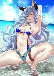 Rule 34 | 1girl, animal ears, aqua shorts, arms behind head, beach, bikini, bird, blue bikini, blue hair, blue sky, blush, breasts, cloud, day, earrings, erune, ferry (granblue fantasy), frown, granblue fantasy, groin, hoop earrings, jewelry, long hair, looking at viewer, messy hair, navel, ocean, open fly, open mouth, outdoors, revealing clothes, rioakagi, short shorts, shorts, sidelocks, signature, single earring, sky, small breasts, solo, squatting, stomach, sunlight, swimsuit, thighs, wading, wavy hair, wet, yellow eyes