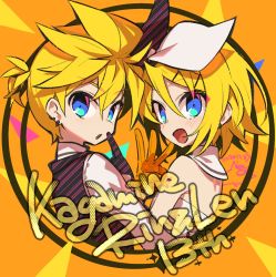 Rule 34 | 1boy, 1girl, anniversary, black gloves, black vest, blue eyes, bow, character name, commentary, dress, earrings, gloves, hair bow, hair ornament, hairclip, highres, index finger raised, jewelry, kagamine len, kagamine rin, looking at viewer, looking back, negi (ulog&#039;be), open mouth, orange gloves, shirt, smile, spiked hair, swept bangs, upper body, vest, vocaloid, w, white bow, white dress, white shirt