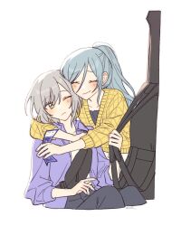 Rule 34 | 2girls, black bag, blue hair, blush, closed eyes, closed mouth, cocov, collared shirt, commentary request, dot nose, fingernails, green eyes, grey hair, guitar case, highres, hinomori shiho, hinomori shizuku, holding ticket, hug, instrument case, korean commentary, light blue hair, long hair, long sleeves, mole, mole under mouth, multiple girls, one eye closed, ponytail, project sekai, purple shirt, shirt, short hair, siblings, simple background, sisters, sleeves past elbows, white background